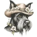 all black schnauzer with cowgirl hat and brown eyes and a collar and flowers looking to the side tattoo design idea