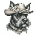 all black schnauzer with cowgirl hat and brown eyes and a collar and flowers looking to the side tattoo design idea