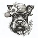 all black schnauzer with cowgirl hat and brown eyes and a collar and flowers looking to the side tattoo design idea
