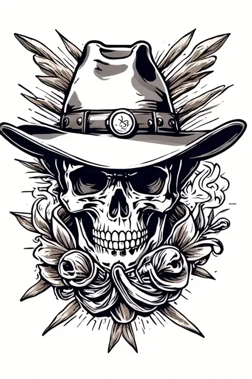 cowboy skull looking down the barrel of smoking revolver  tattoo design idea