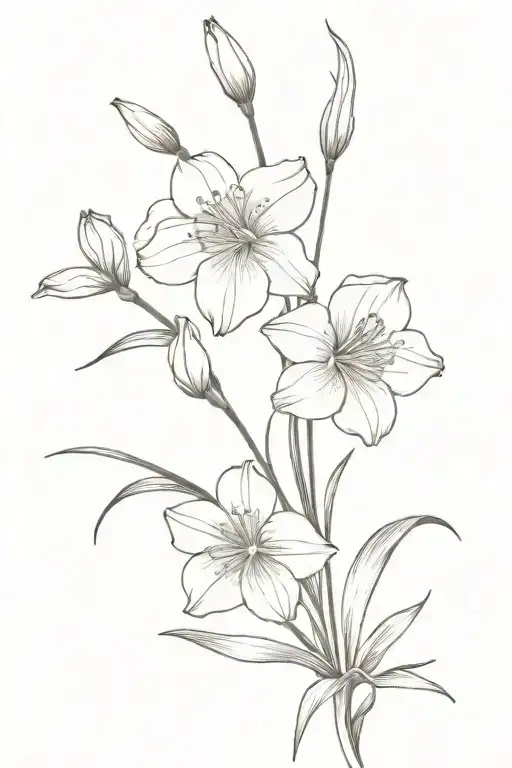 dainty linework tattoo with 1 carnation, 1 gladiolus, and 1 narcissus flower with long stems that cross over each other tattoo design idea