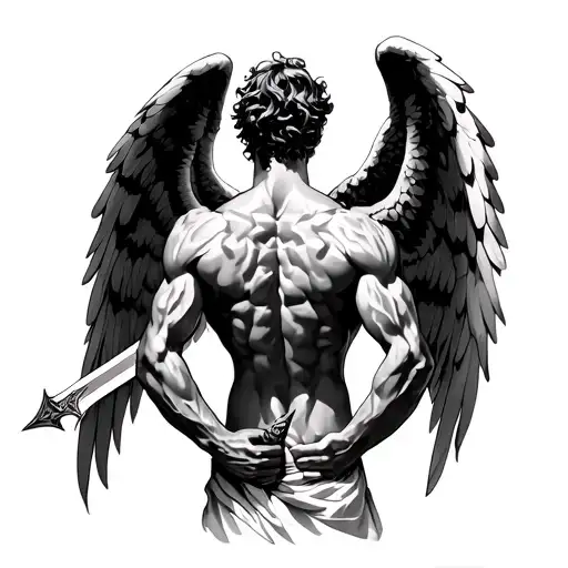 Back tattoo of a muscular male angel holding a sword in centre and opening it's wings and looking up gloriously tattoo design idea