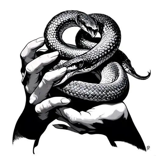 creation of Adam tips of hands with snake wrapped tightly tattoo design idea