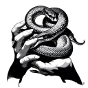 creation of Adam tips of hands with snake wrapped tightly tattoo design idea