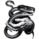 creation of Adam tips of hands with snake wrapped tightly tattoo design idea