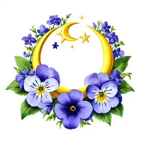 circle of violets and primroses with a North Star and crescent moon inside  tattoo design idea
