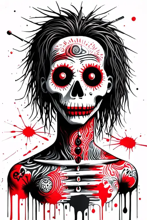 simple psychedelic male voodoo doll with long hair and needle through body tattoo design idea