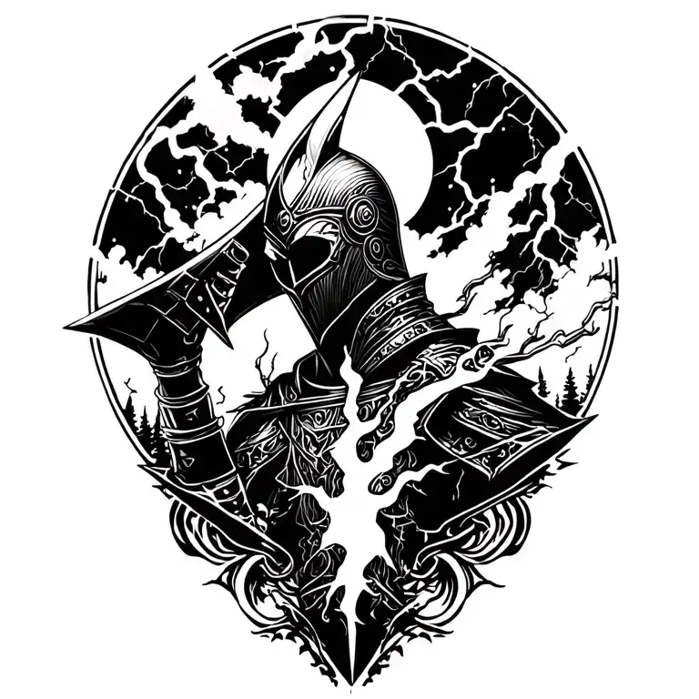 knight and lightining storm and time and nature tattoo design idea