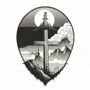christian cross summit of a mountain landscape ray of sunshine tattoo design idea