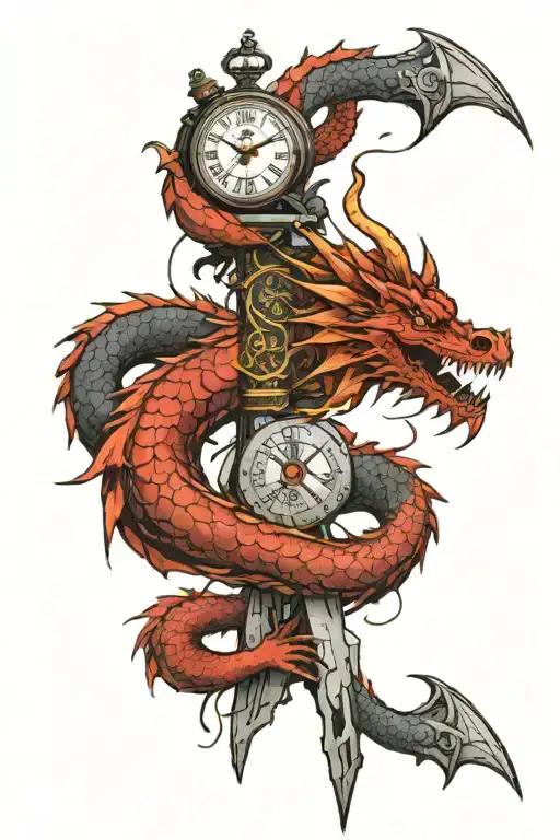 sword and chinese symbols going through a dragon wrapping around arm going into a broken clock with roman numerals and a tattoo design idea