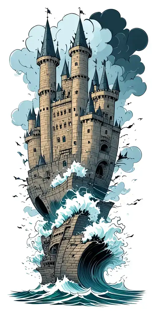 castle crumbling into a raging sea with a storm above  tattoo design idea