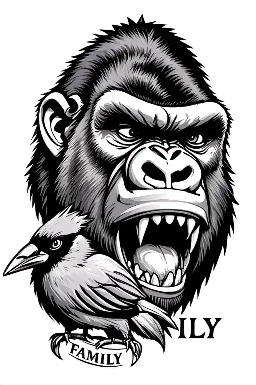 an angry gorilla showing his teeth, a cardinal, and the word family in there too tattoo design idea