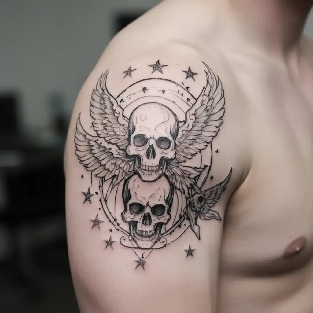 skulls, wings, stars cunt tattoo design idea