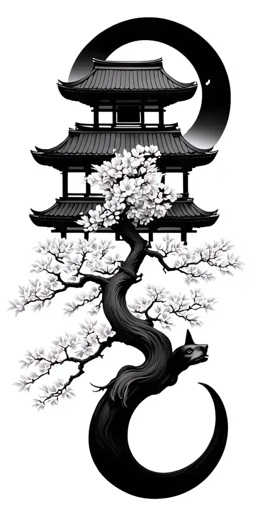 japanese temple cherry blossom tree fo dog tattoo design idea