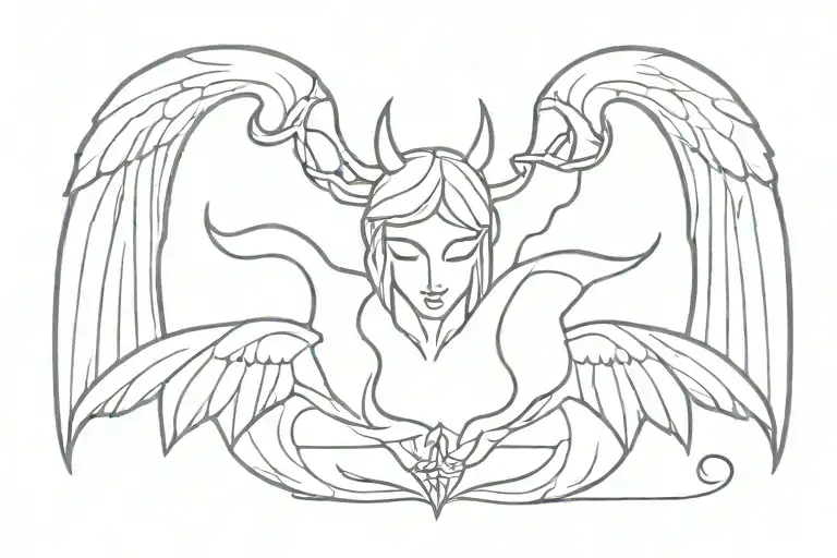 Angel wings and devil horns holding tattoo design idea