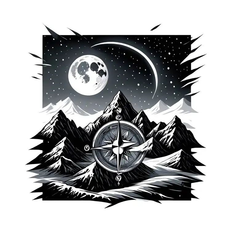 mountain range and compass with moon and snow dew tattoo design idea