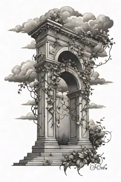 roman arch monument with storm clouds and vines wrapping tattoo design idea