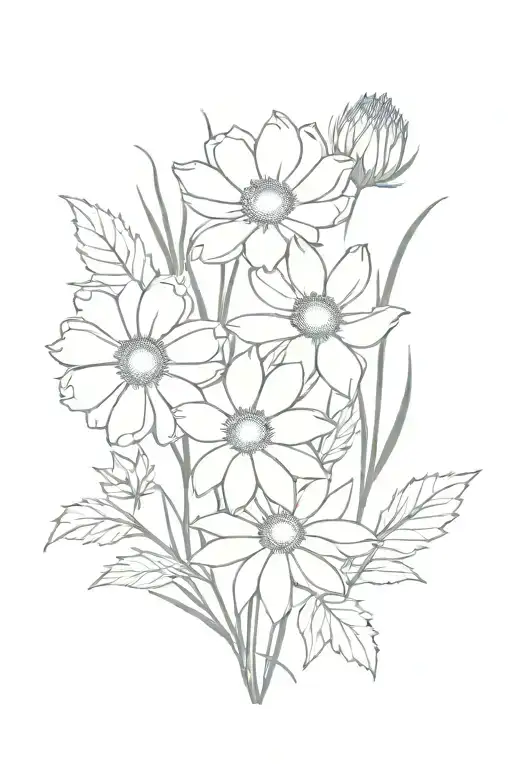 minimalistic bouquet of flowers (pink coneflower, cornflower, sunflower, lavender) tattoo design idea