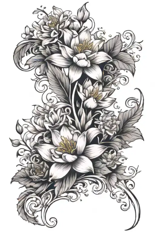 Arm sleeve, floral wrap with 1 holly, water lily, daffodil, Daisy, Chrysanthemum, Rose, Iris, and Lily of the Valley  tattoo design idea