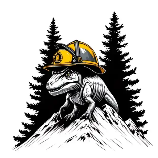 baby dainty dinosaur wearing firefighter helmet on top of a mountain tattoo design idea
