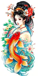 Japanese, dragon, geisha girl, koi carp Masonic symbols, bright colours, flowers, full colour tattoo design idea
