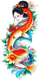 Japanese, dragon, geisha girl, koi carp Masonic symbols, bright colours, flowers, full colour tattoo design idea