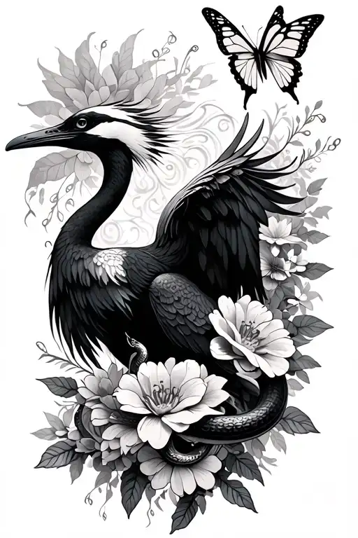 crane that emits despair, surrounded by butterflies flowers and snakes tattoo design idea