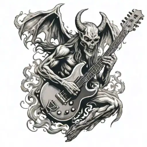 A demonic creature with a guitar for a body, surrounded by flames and smoke, capturing the essence of satanic imagery in heavy metal music tattoo design idea