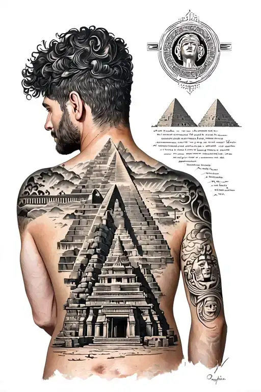 back piece tattoo for male with a collage of ancient sites such as gobekli tepe, giza pyramids, ephesus, angkor wat, mac tattoo design idea