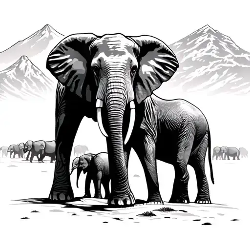 African Safari sunset with heard of elephants walking in the background. Backdrop of Cape Town's table mountain.  tattoo design idea