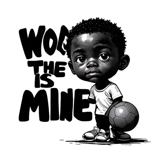 A small world written the world is mine in English and a black boy with a ball on his feet tattoo design idea