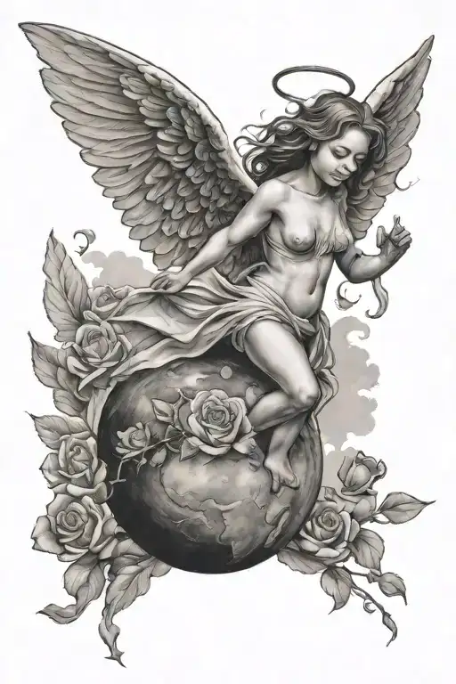 woman walking on earth baby angel in sky tattoo design idea