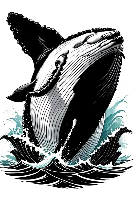 Humpback Whale breaching ocean surface single line tattoo design idea
