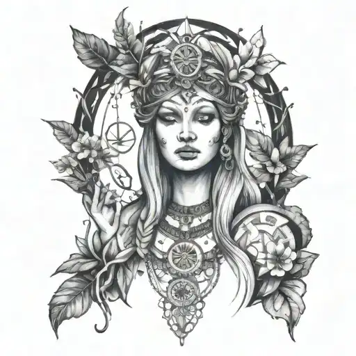 A mystical high priestess surrounded by nature, with symbols of different languages floating around her tattoo design idea
