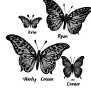 3 big leopard butterflies with names Erin, Ryan, Connor and 2 baby leopard butterflies with names Harley and Amity onarm tattoo design idea