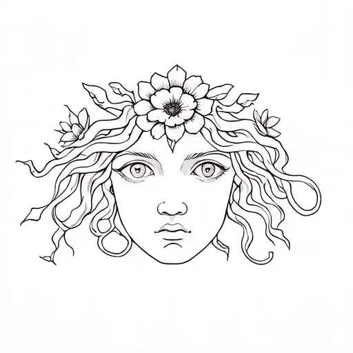 Face of Medusa but flowers instead of snakes, eyes like a snake, and some stone effects on the face  tattoo design idea