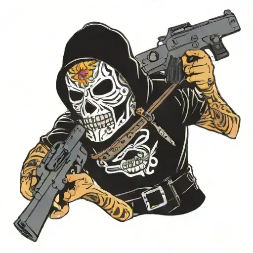 ski mask men holding gun belt and holsters tattoo design idea