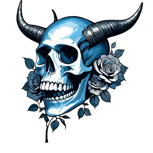 blue skull with horns and roses growing inside tattoo design idea