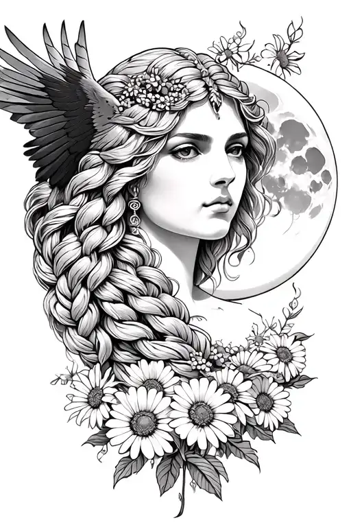 freya goddess bust braided hair full moon with daisies falcon  tattoo design idea