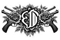 The initials E D T in cursive old English with 2 guns beside it and roses around it  tattoo design idea