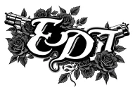 The initials E D T in cursive old English with 2 guns beside it and roses around it  tattoo design idea