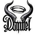 Halo and devil horns over the name Daniel in cursive writting tattoo design idea