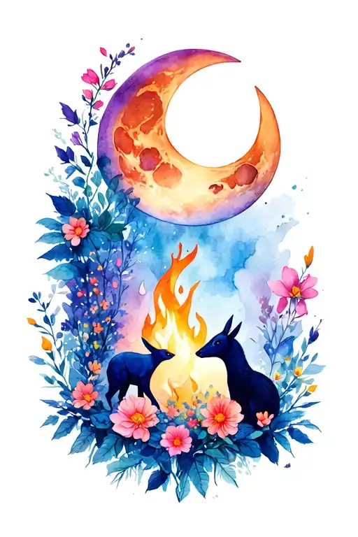 fire, moons, flowers, animals hidden tattoo design idea