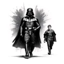Realistic black and grey tattoo design of Darth Vader. Darth Vader walking one way, anakin another and Luke in centre tattoo design idea