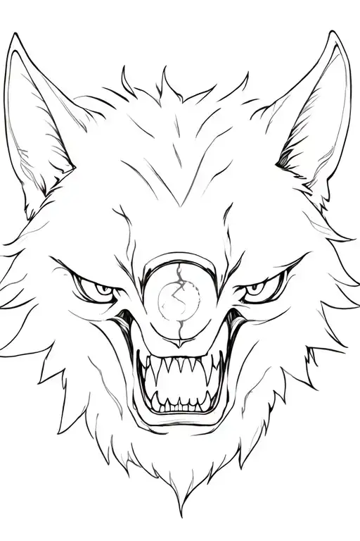 wolf head from the front showing its teeth, with a white eye and a scar at the level of this eye tattoo design idea