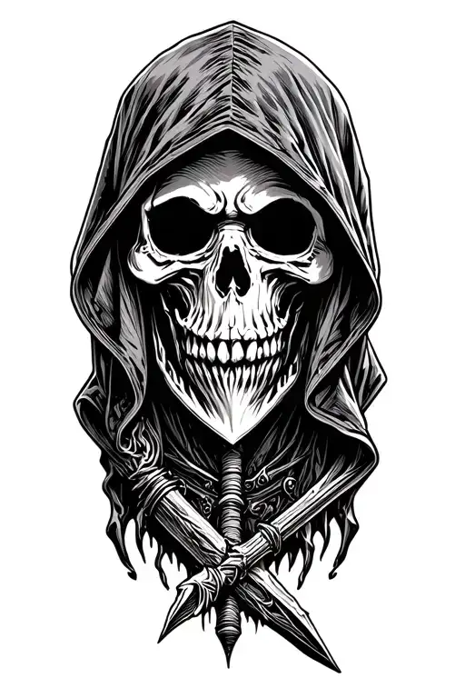 grim reaper head in a hood with cythe tattoo design idea
