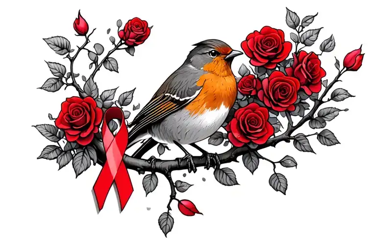 Robin sitting on branch surrounded by a lot of red roses with a cancer ribbon hanging off the end of it tattoo design idea