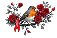 Robin sitting on branch surrounded by a lot of red roses with a cancer ribbon hanging off the end of it tattoo design idea