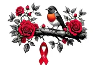 Robin sitting on branch surrounded by a lot of red roses with a cancer ribbon hanging off the end of it tattoo design idea