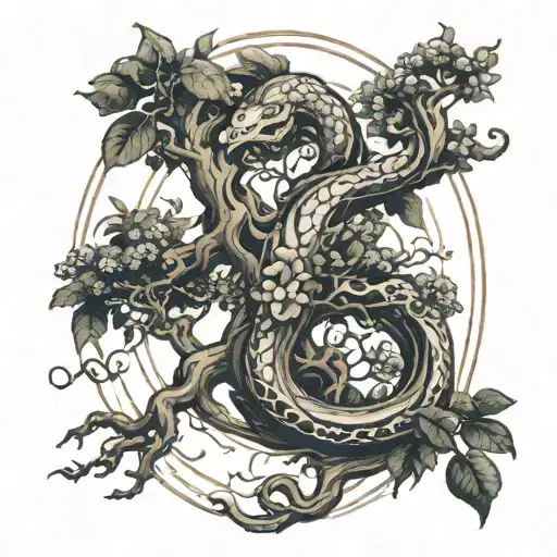 Serpant around world tree growing tattoo design idea